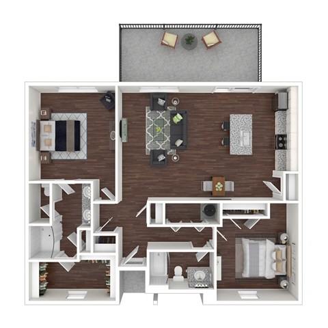 a 3d floor plan with a bedroom and a living room